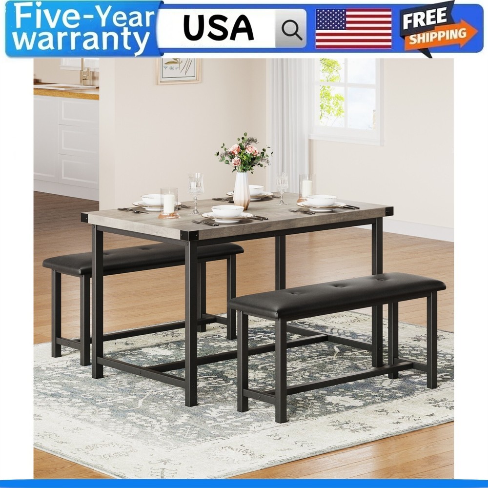🔥Dining Table Set for 4 Kitchen Table with 2 Upholstered Benches 3 Piece Kitche
