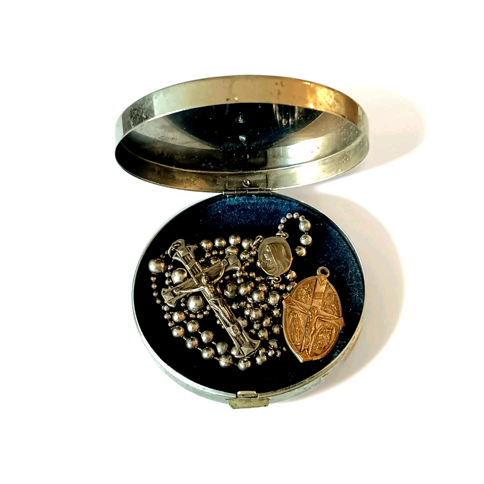 Soldier's old metal Pull Chain Rosary in Blessed Mother Mary Case with Medal ++