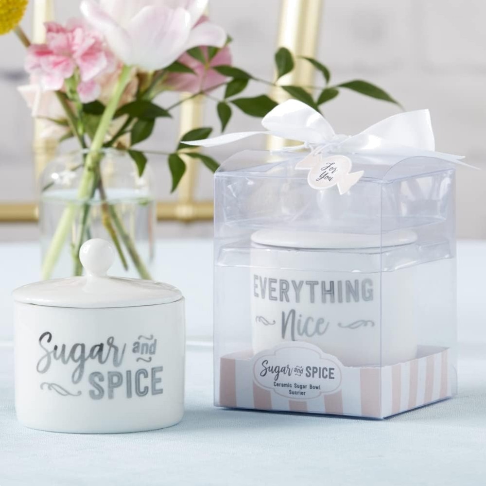 Ceramic Sugar Container/Bowl, Spice and Everything Nice, White with Silver Fo...