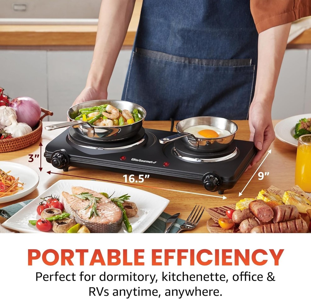 Compact Double Cast Iron Hot Plate - 1500 Watts with Easy Temperature Control