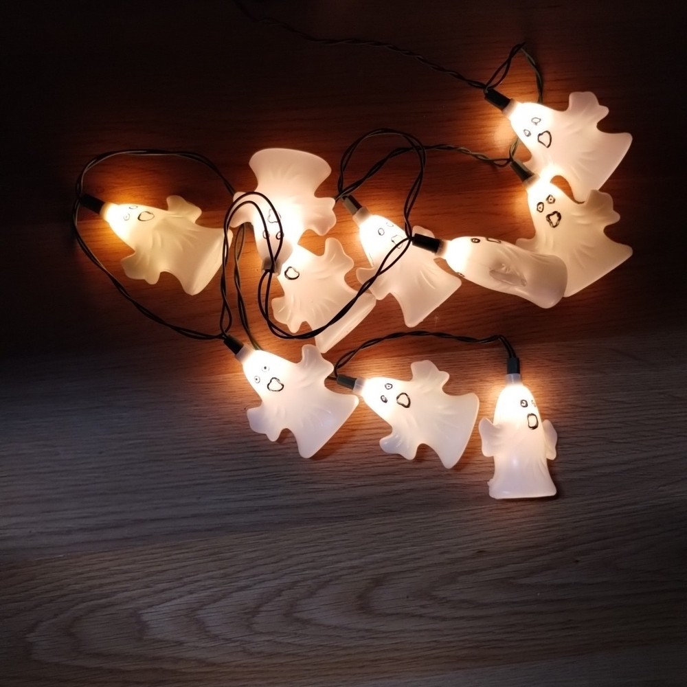 Vtg Halloween Plastic Ghosts String Light Set With Box Double Sided