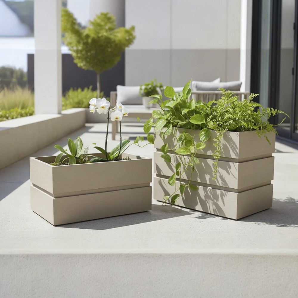 Rectangular Grey Brown Terrace Balcony Planter, Aluminum w/ Drainage