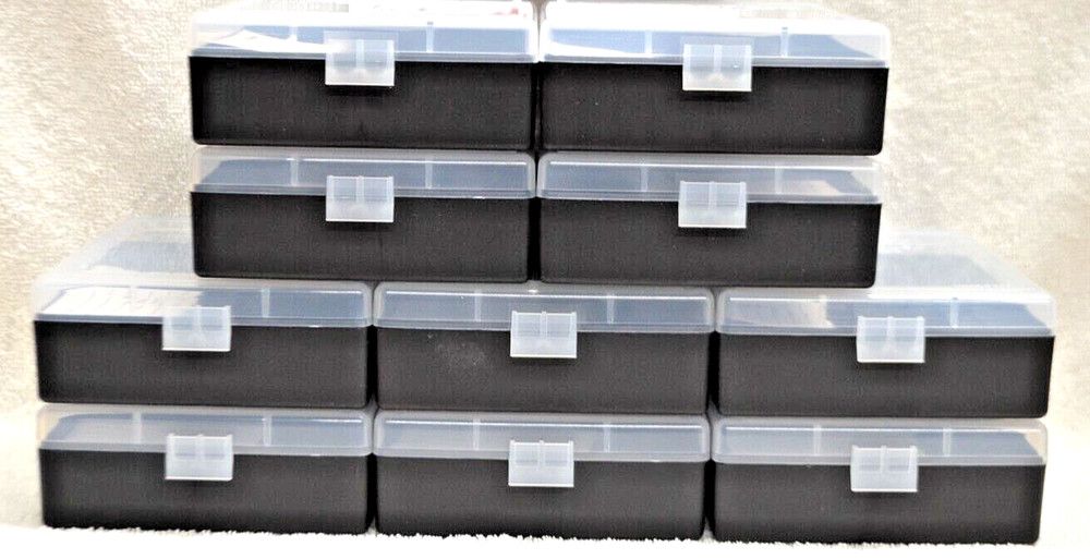 10 x BERRY'S PLASTIC AMMO BOX, CLEAR/BLACK 100 Round 357/38 -