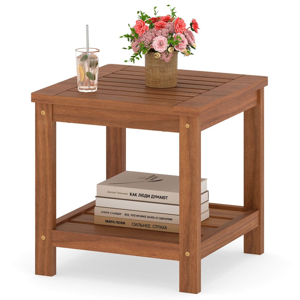 2-Tier Adirondack Side Table w/ Slatted Tabletop Storage Shelf for Garden