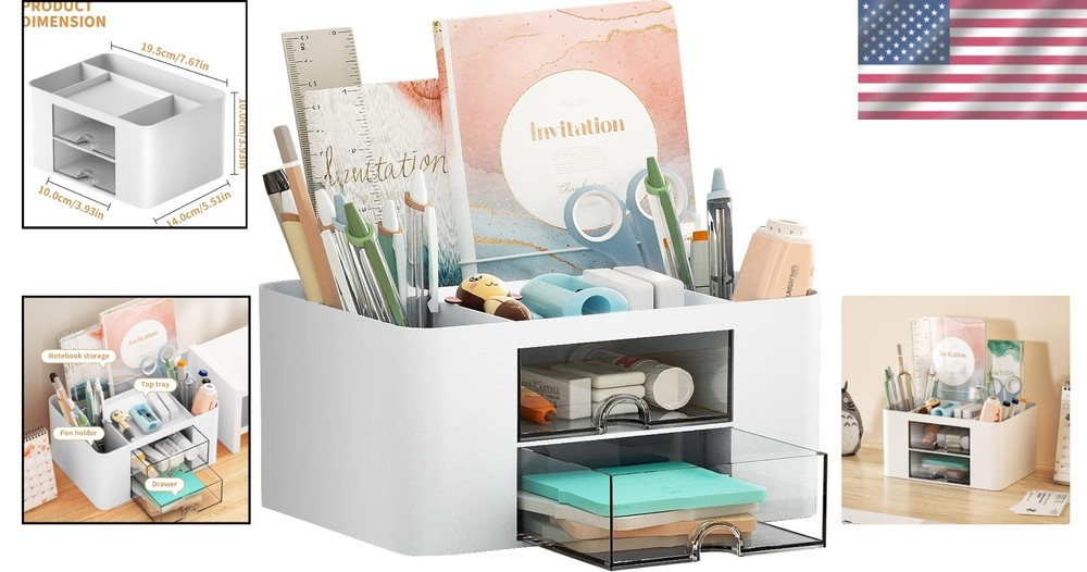 Multi-Functional White Plastic Pen Holder with Drawers for Tidy Workspaces