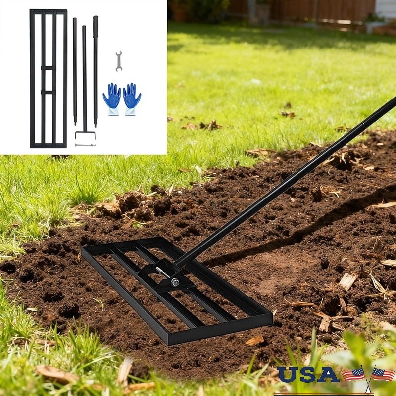30x10 Lawn Leveling Rake High Carbon Steel Adjustable Handle Multi-Surface Tool