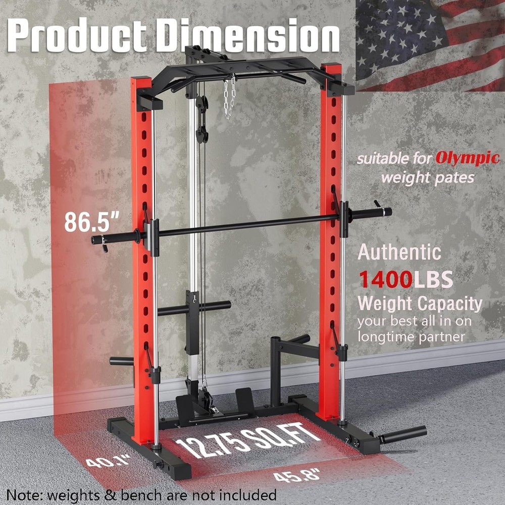 Smith Machine Power Cage Rack Squat Rack w/LAT-Pull Down System No Weights Bench