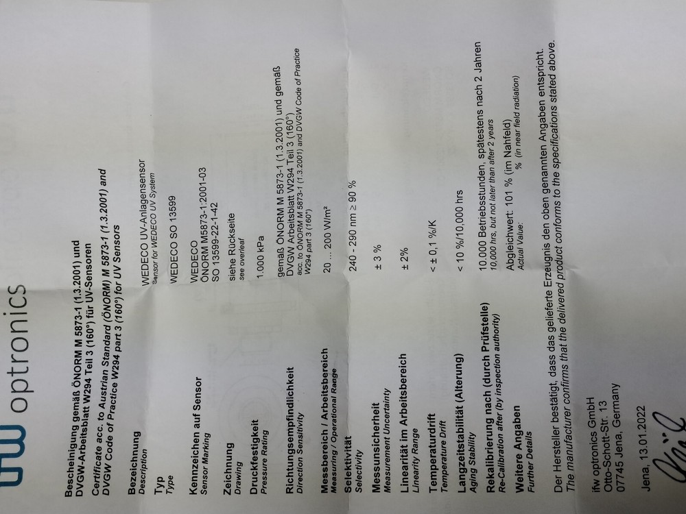 Wedeco ONORM M 5873-1-2001-03 UV Sensor NEW! Made in Germany