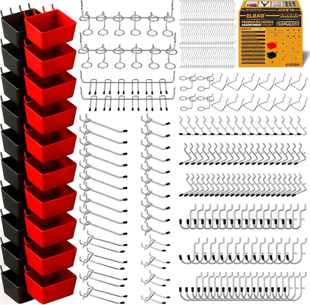 297PC Pegboard Hooks & Bins Organizer Kit Garage Workshop Storage Tool Set