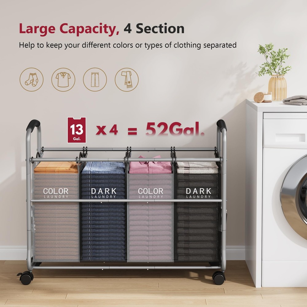 Laundry Sorter 4 Sections, Laundry Separator Hamper with Heavy Duty Lockable ...