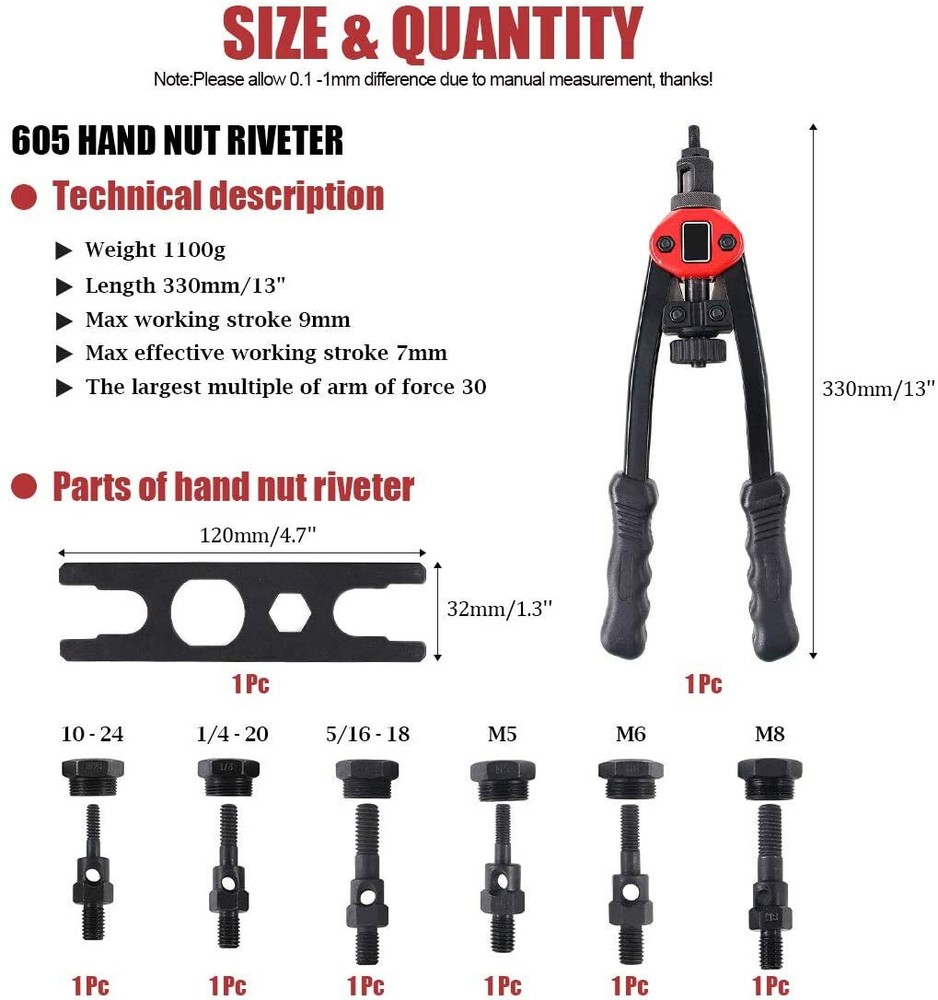 13" Rivet Nut Gun Kit Rivnut Setting Tools Nut Setter Tool Hand Blind Riveter US