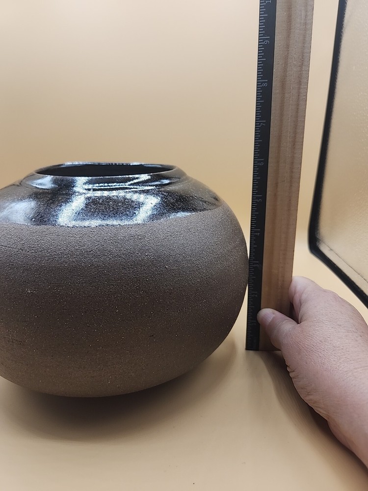 Hand Thrown Pottery Signed Brown Glaze Round Heavy