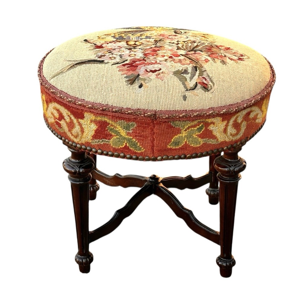 Antique Stool with Needlepoint Floral