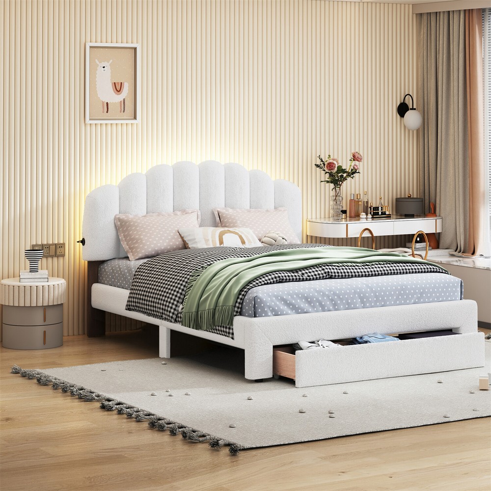Queen Size Bed Frame Upholstered Platform Bed with Drawers White/Beige/Gray
