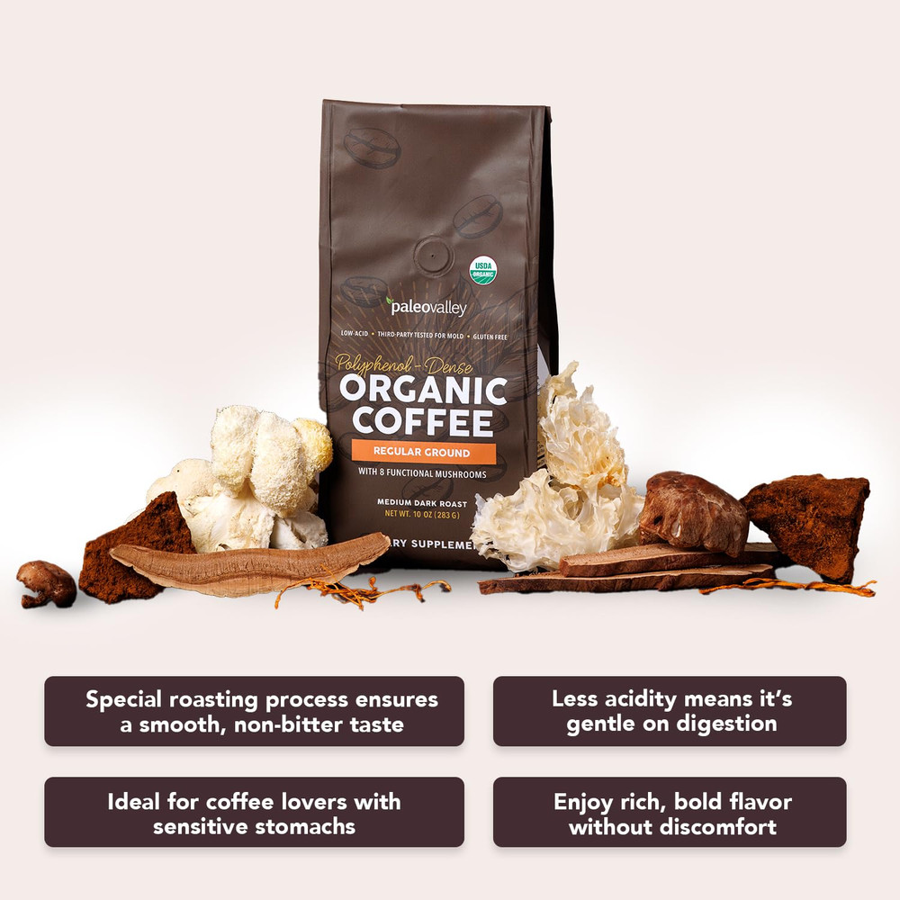 Organic Ground Coffee, 10oz - Regular, Low Acid, Single-Origin, Polyphenol-Rich,
