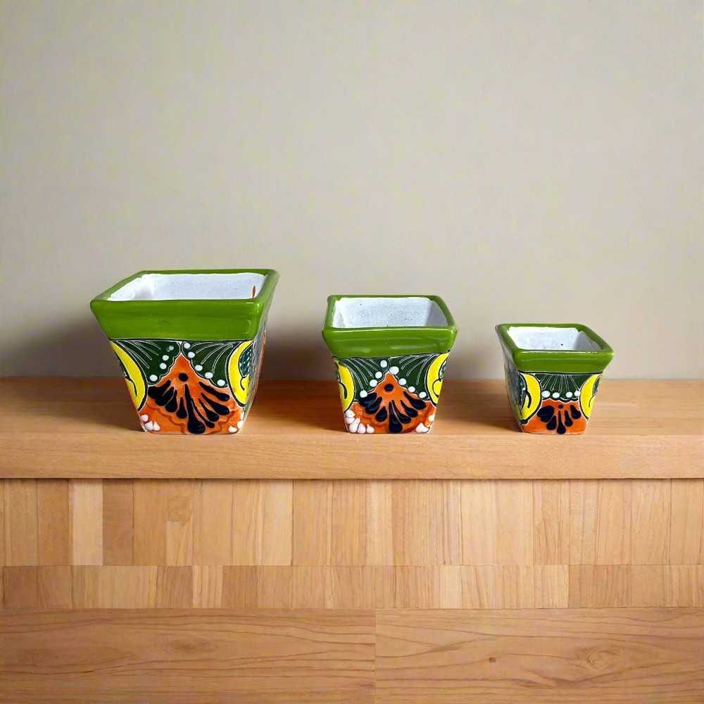 Colorful Square Talavera Planter Set | Mexican Mini Pots