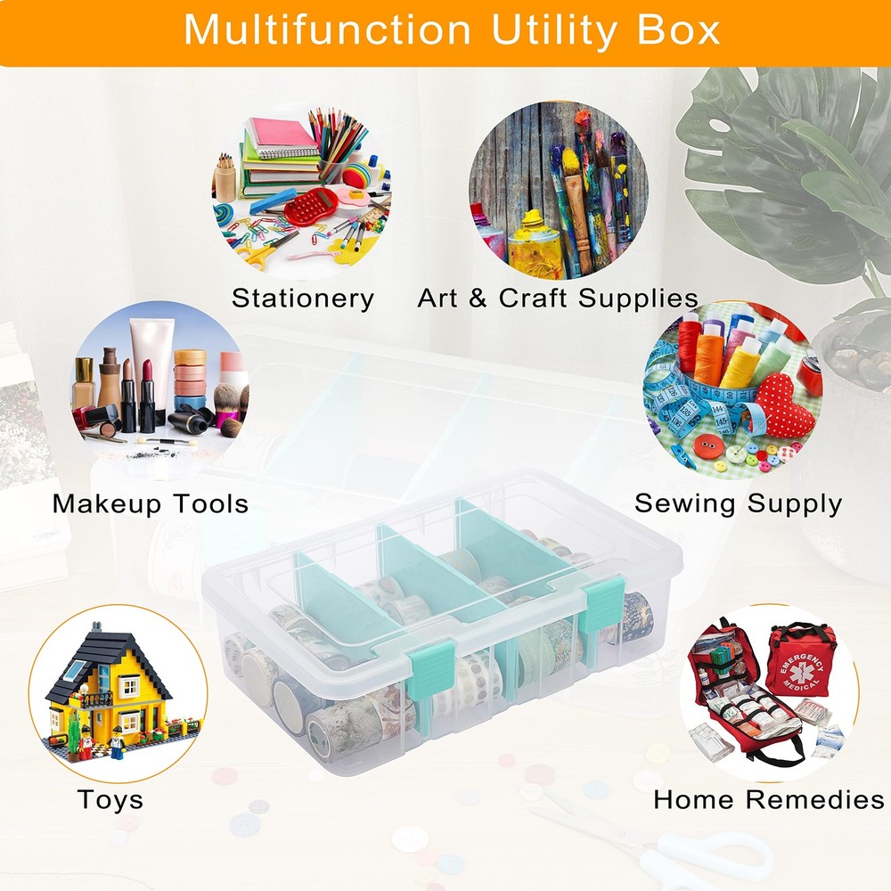 Clear Plastic Dividing Storage Box with 4 Compartments Adjustable Storage Bin...