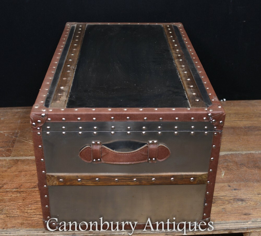 Aviator Luggage Trunk - Metal Steamer Box Case Side Table