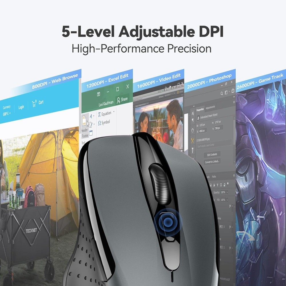 TECKNET Wireless Mouse, 2.4G Ergonomic Optical Computer Mouse for Grey