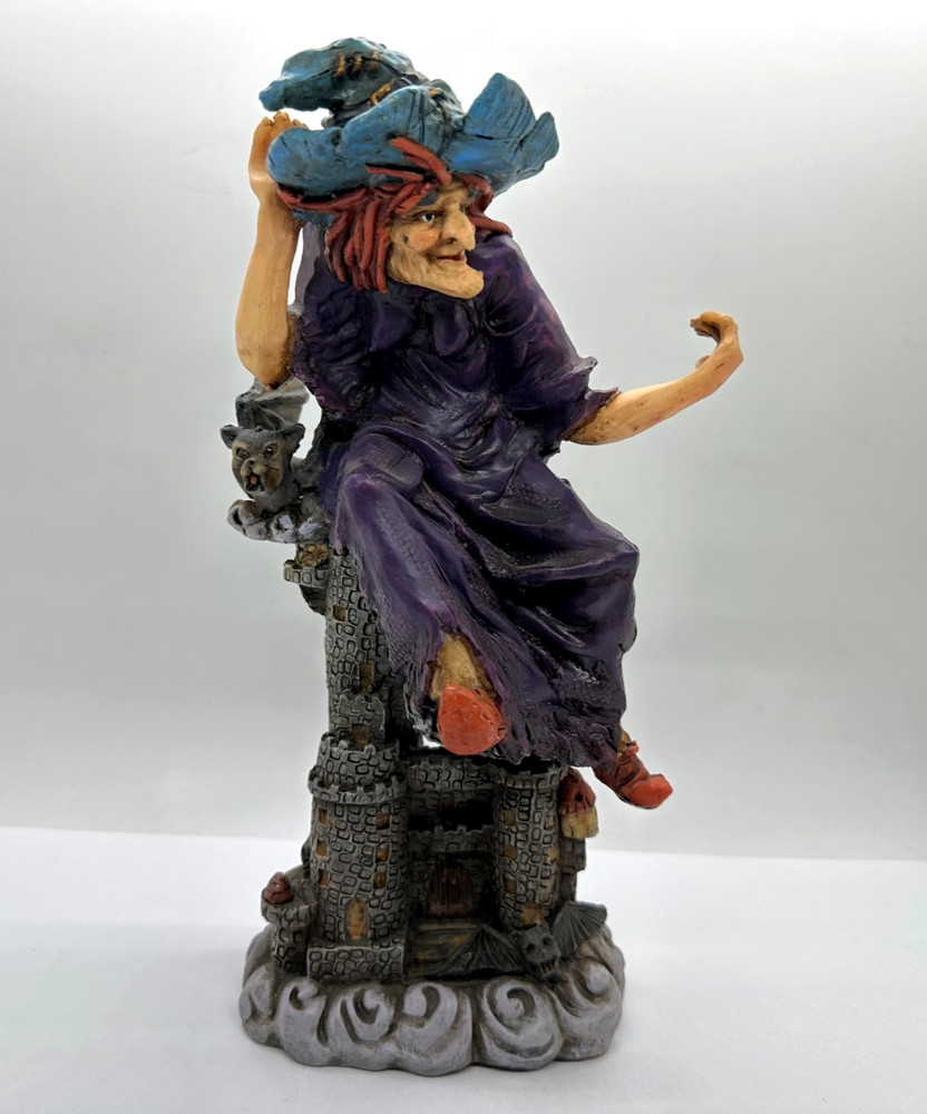 9" Floating Witch Over Castle & Bat Resin Figure