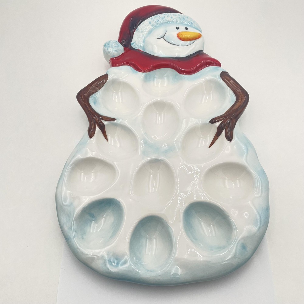 Tabletops Gallery Snowman Deviled Egg Platter Large Ceramic Christmas Multicolor