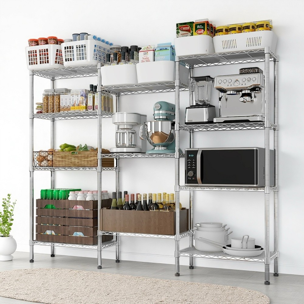 4-Tier Wire Shelving Unit - 3-Column, Heavy Duty, Adjustable, Silver & Modular