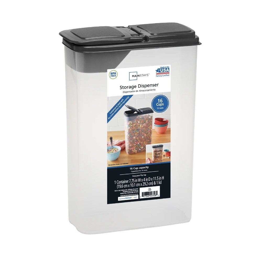 Clear Plastic Cereal Dispenser with Gray Lid 16-Cup Capacity Compact Kitchen