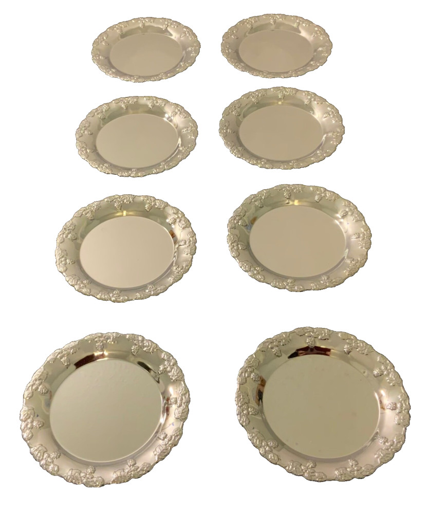 Vintage Silver Plated Coaster Set Of 8 Ornate Grape Pattern
