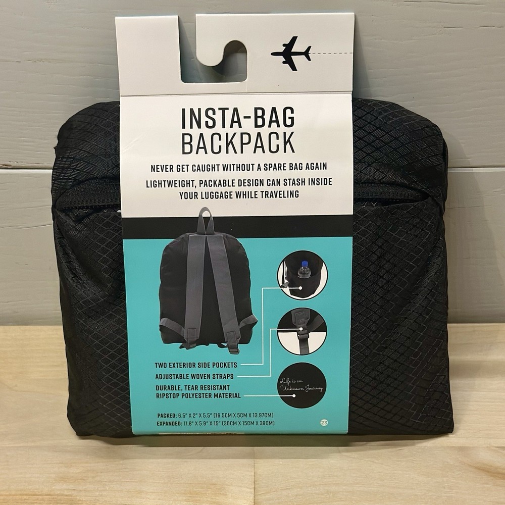 G Force Insta-Bag Packable Foldable Backpack Black Ripstop NWT Travel Vacation