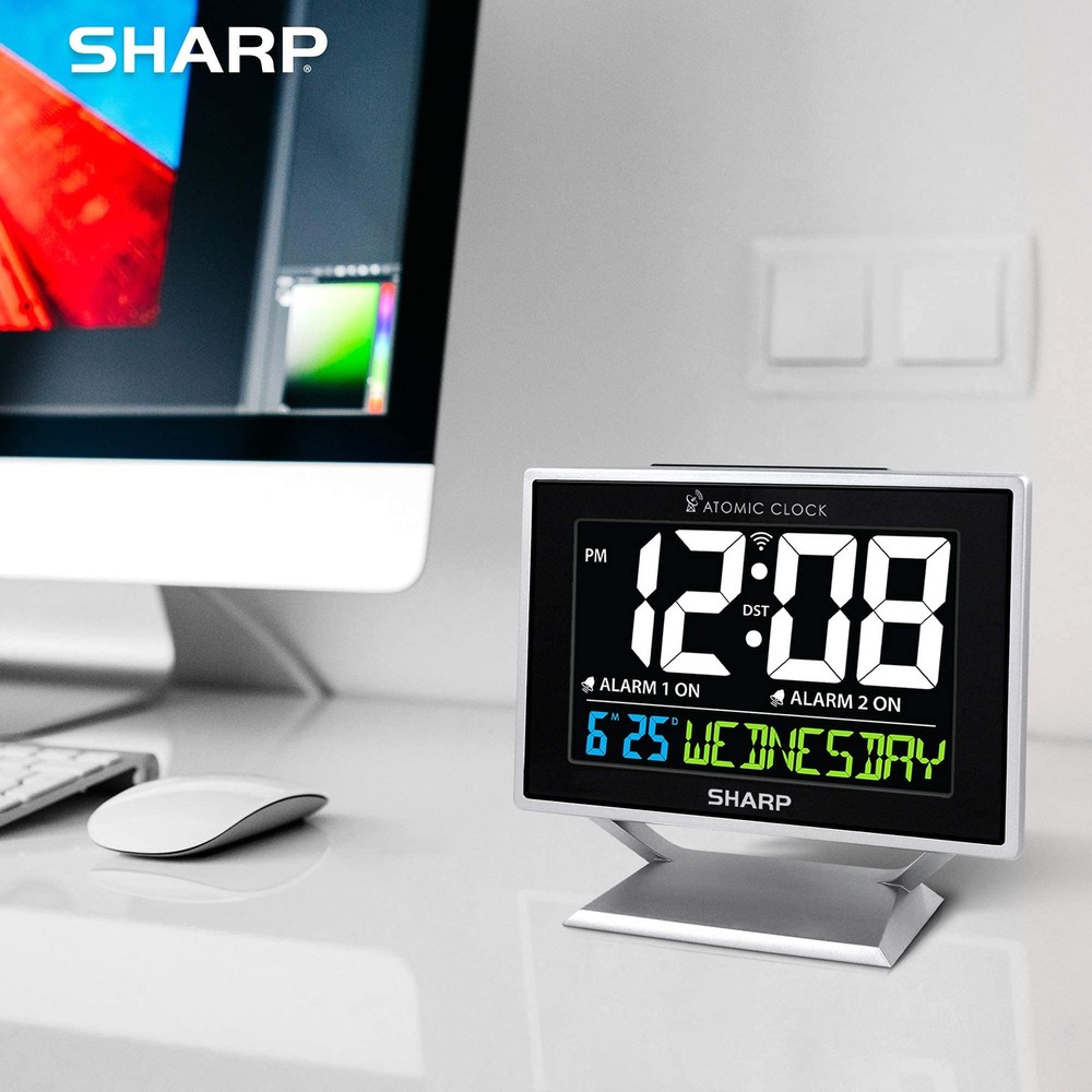 Sharp Desktop Dual Alarm Clock with Color Display - Atomic Small, Silver