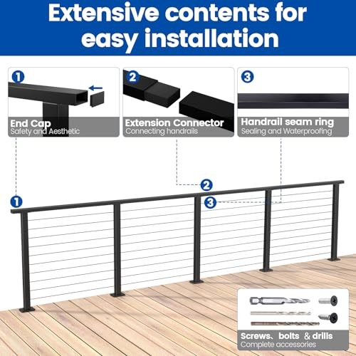 6'6" Stainless Steel Handrail Black Rectangular Top Rail Cable Railing System