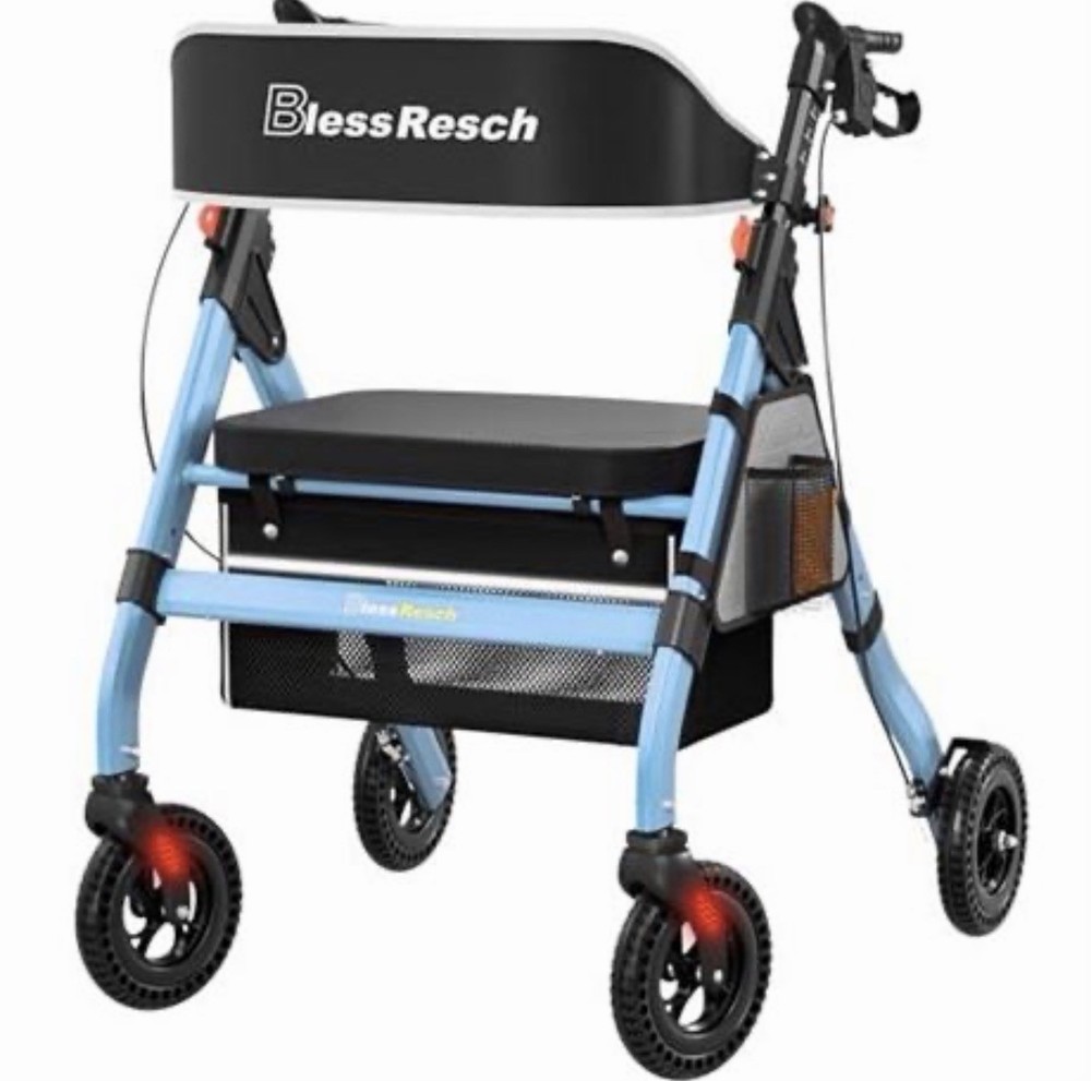 BlessReach Rollator Walker With Seat Foldable Mobility Walker 8” Wheels Blue