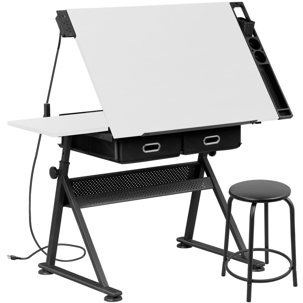 Adjustable Drafting Drawing Tiltable Table & Stool w/ 2 Drawers & Outlet White