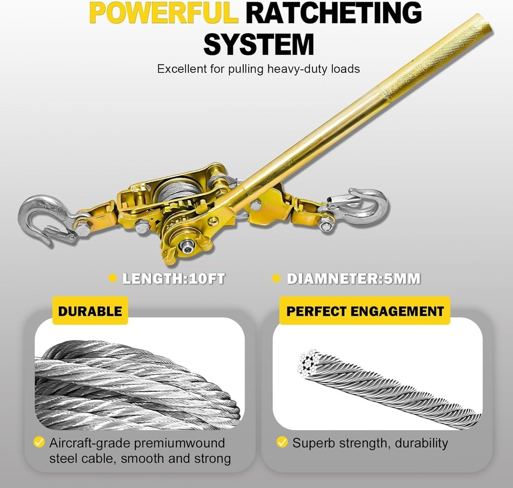 Come Along Winch Puller 2T, 10FT Cable Hoist Winch Puller with 2 Hooks, Come Alo