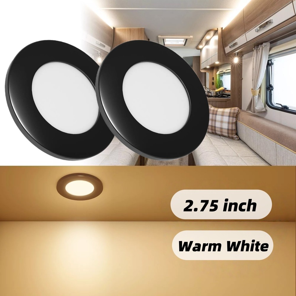 2PCS 12V 2.75" RV Interior LED Recessed Ceiling Light Black Shell Warm White