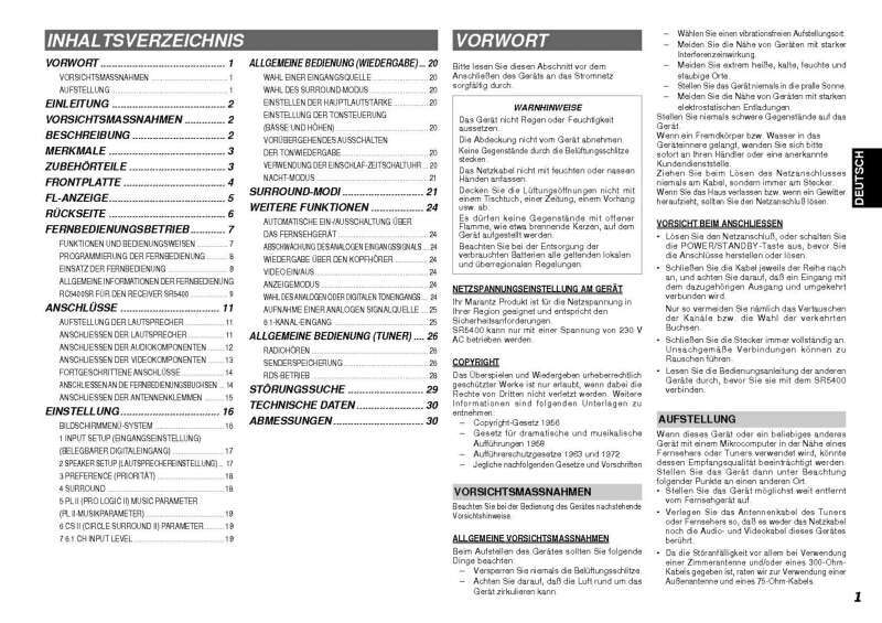 Marantz SR5400 Surround Receiver Owners Manual