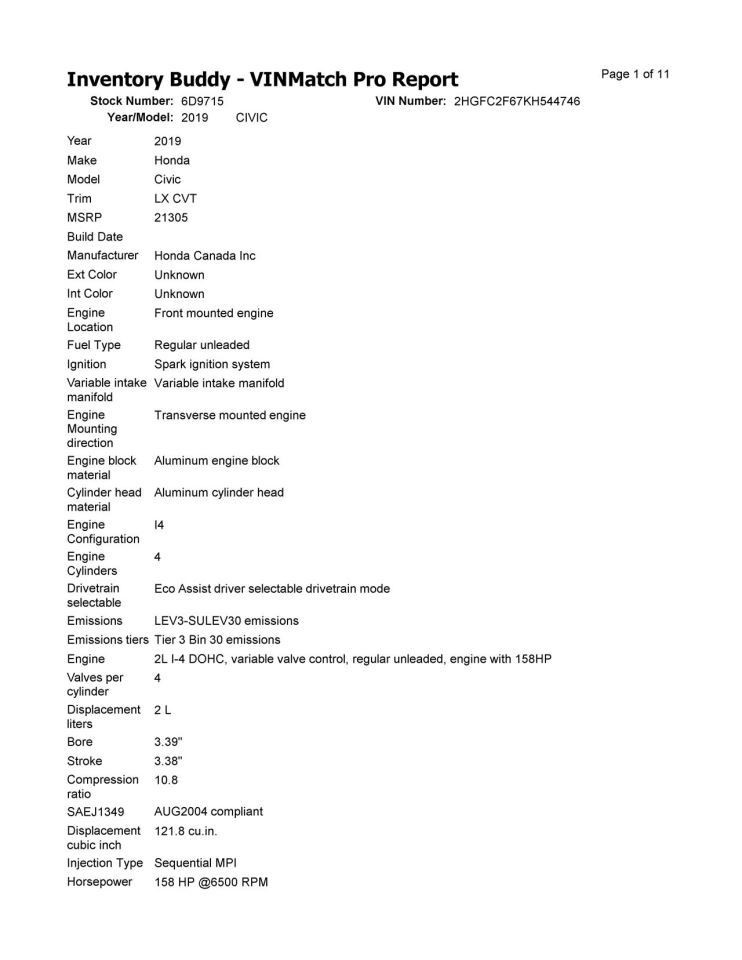 CIVIC 2019 Transmission Shift 2128474