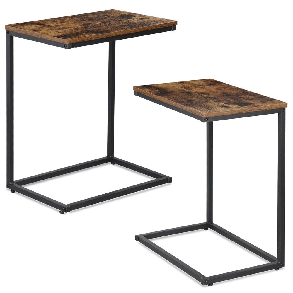 C Shaped End Table 2PCS Rustic Brown Side Table Bedside Table with Metal Frame