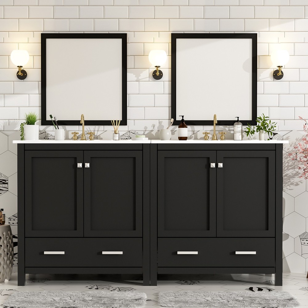 60" Black Bathroom Vanity Set with Double Vanities , Double Ceramic Sinks, Sto