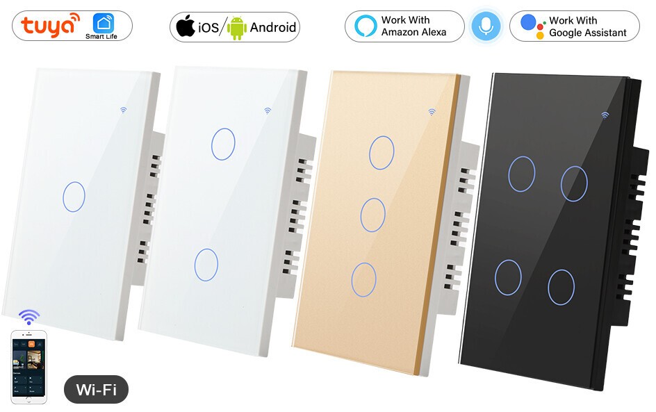 Tuya WIFI Smart Wall Light Touch Glass Panel Switch App Voice Control