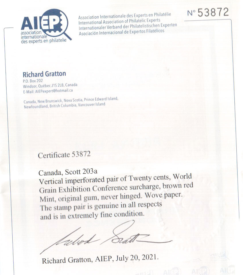 Canada #203a Extra fine Never Hinged Imperf Pair **With Certificate**