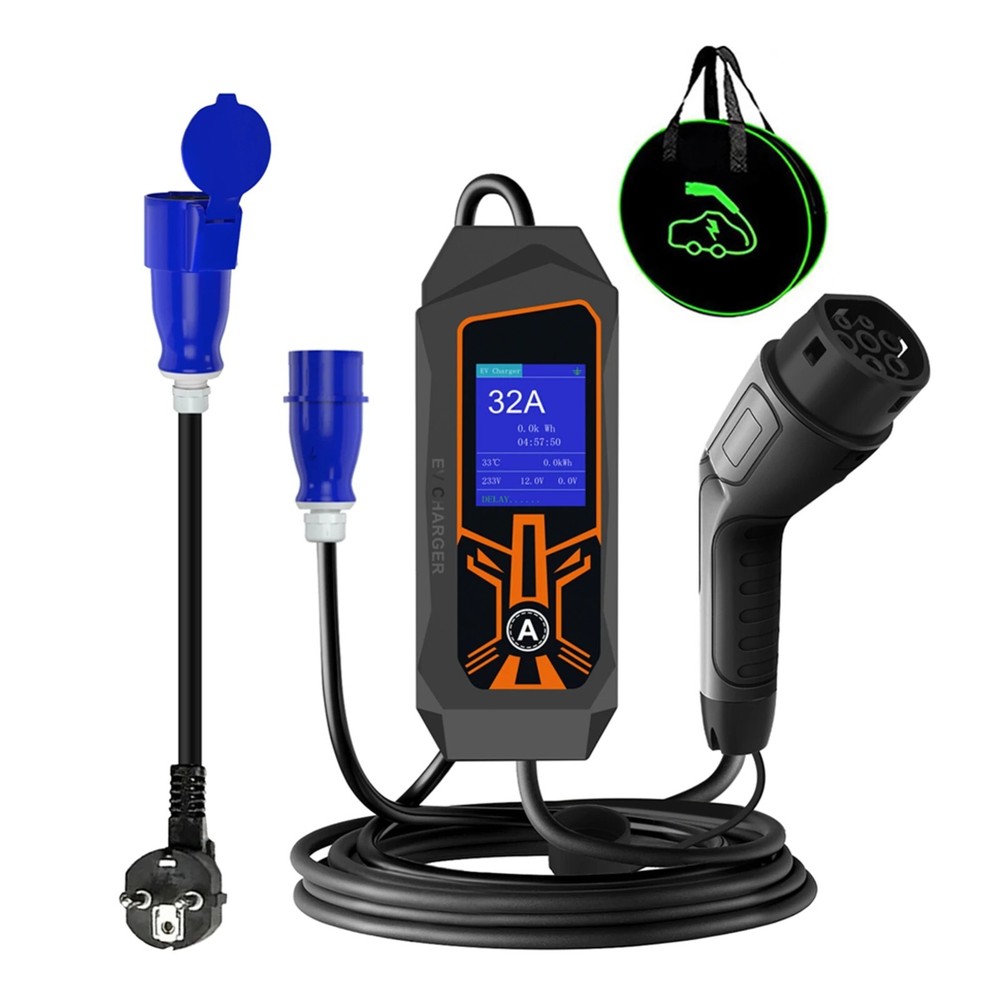 Portable EV Charger Type 2 to 32A Commando Socket, 1 phase, Delay Timer, 5metre