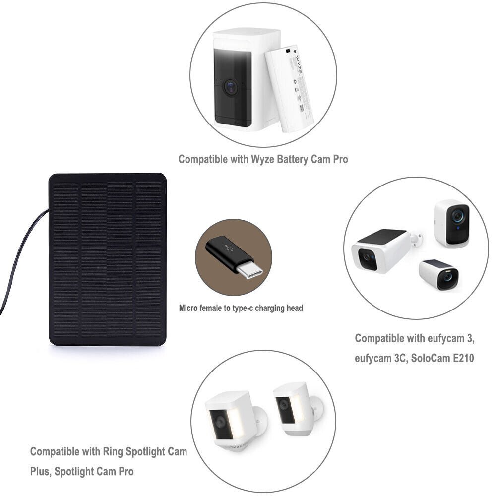 Solar Panel for Security Camera Micro USB & USB-C Port Solar Panel Adjustable