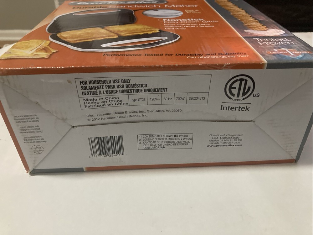 Sandwich Maker, Proctor Silex Nonstick Surface, White, Model 25401P