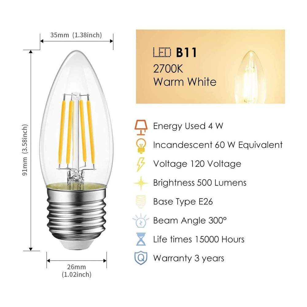 6 Pack LED Filament Bulbs E26 2700K Warm White Candle Lights