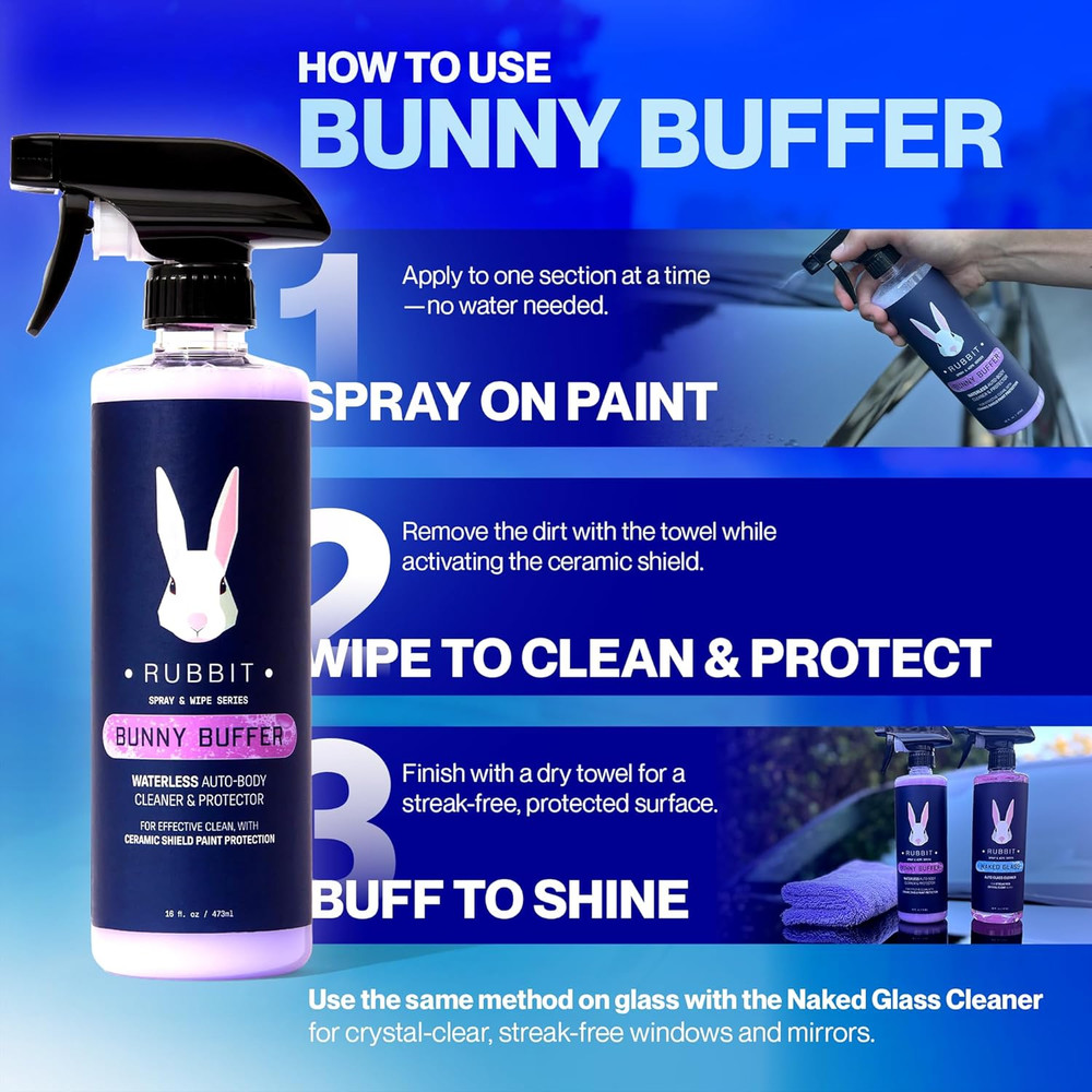 Bunny Buffer Bundle, Waterless Sio2 Ceramic Car Wash & Protect Kit with Auto Bod