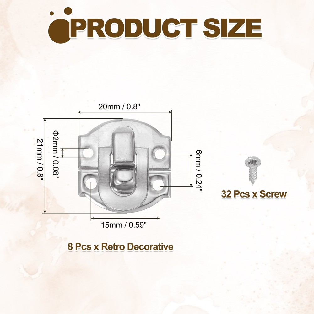 8Pcs 0.8" x 0.8" Retro Decorative Hasp Kit with Screws, Silver