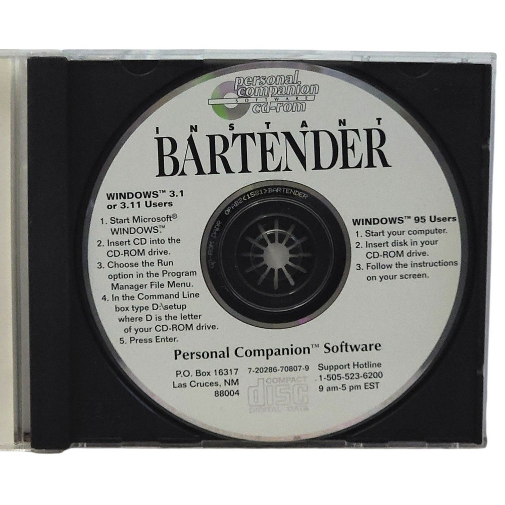 Instant Bartender PC CD ROM 1995 Mixology Recipes Bartender Alcohol Windows
