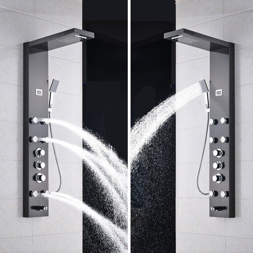 Multi Function Black Shower Panel Rainfall Massage Jets Thermostatic Display Tap
