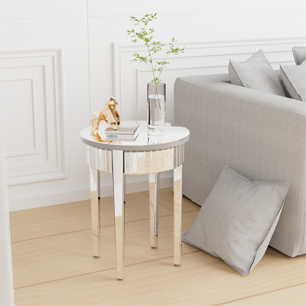 Modern Round Silver Mirrored Side Table Bedside Accent Table Silver-plated Glass